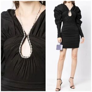 Rachel Gilbert Dahli Long Puff Sleeve Crystal Mini Dress Black Cocktail Formal